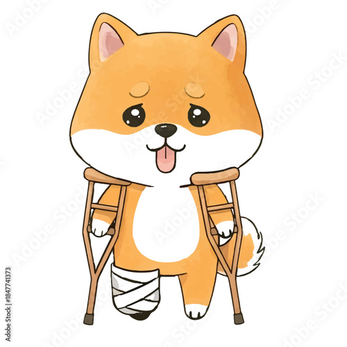 Cute Cartoon Dog with Broken Leg and Bandaged Paw Feeling Sick