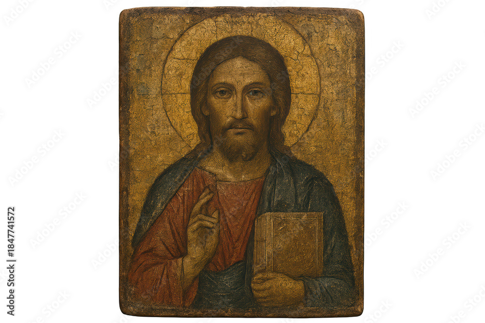 Fototapeta premium Icon of Jesus Christ antique transparent background religious art work