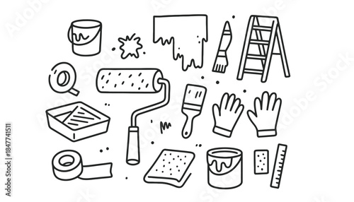 A collection of painting and DIY tools are laid out on a white background.