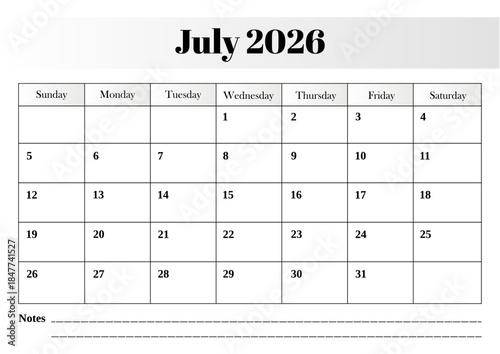 July 2026 calendar with a minimalist vector design and neatly aligned monthly grid