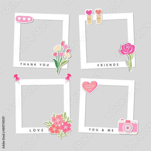 Wedding and Valentine's Day photo frames. Kid border collage design. Children photo album family template. Creative scrapbook picture. Wall template composition.