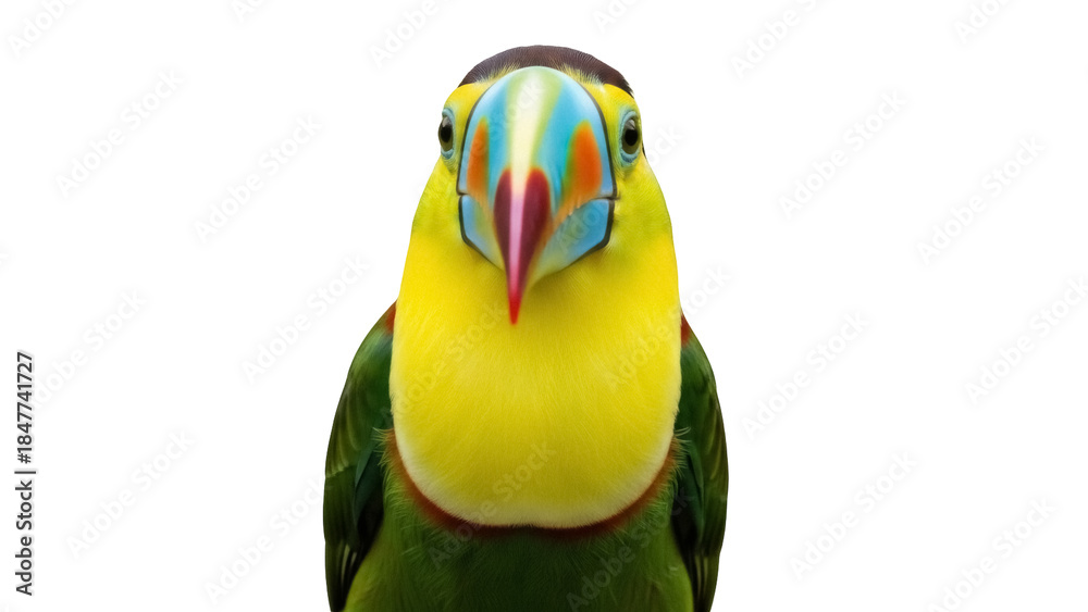 Obraz premium Colorful yellow-cheeked toucan isolated PNG on transparent background, vibrant tropical bird with multicolored beak for wildlife and exotic themes