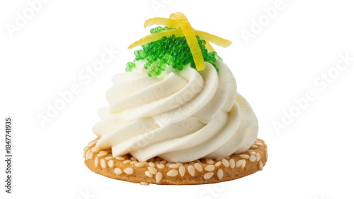 Delicious cookie with cream topping and green caviar isolated PNG, sweet dessert on transparent background for bakery and confectionery designs