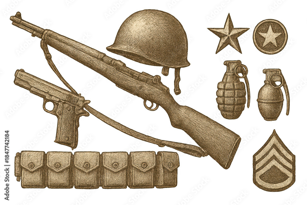 Obraz premium Military Equipment on transparent background - Vintage Style Illustration