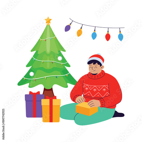 Flat illustration of a man wrapping gifts under a decorated Christmas tree