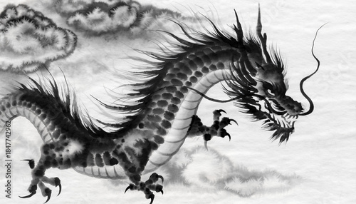 龍の神秘を表現した白黒墨絵想像画
