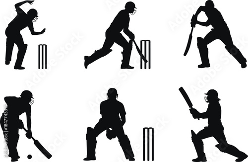 Cricket player silhouettes set showing batting bowling fielding actions, sports athlete poses collection, isolated black vector illustration on white background