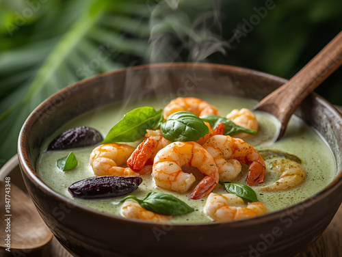 Macro shot of a bowl of aromatic green curry filled with fresh shrimp, round eggplants, and sweet basil leaves. The broth is a pale milky green color. Steam swirls above the hot dish.