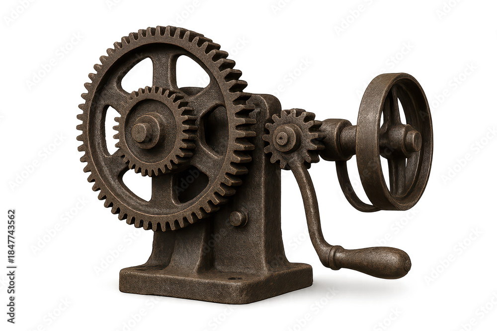 Obraz premium Vintage Machine Gears with Handle on a Transparent Background Isolated