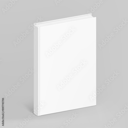 Blank hardcover book mockup. Vector illustration isolated on grey background. It can be used for promo, catalogs, brochures, magazines, etc. Ready for your design. EPS10.
