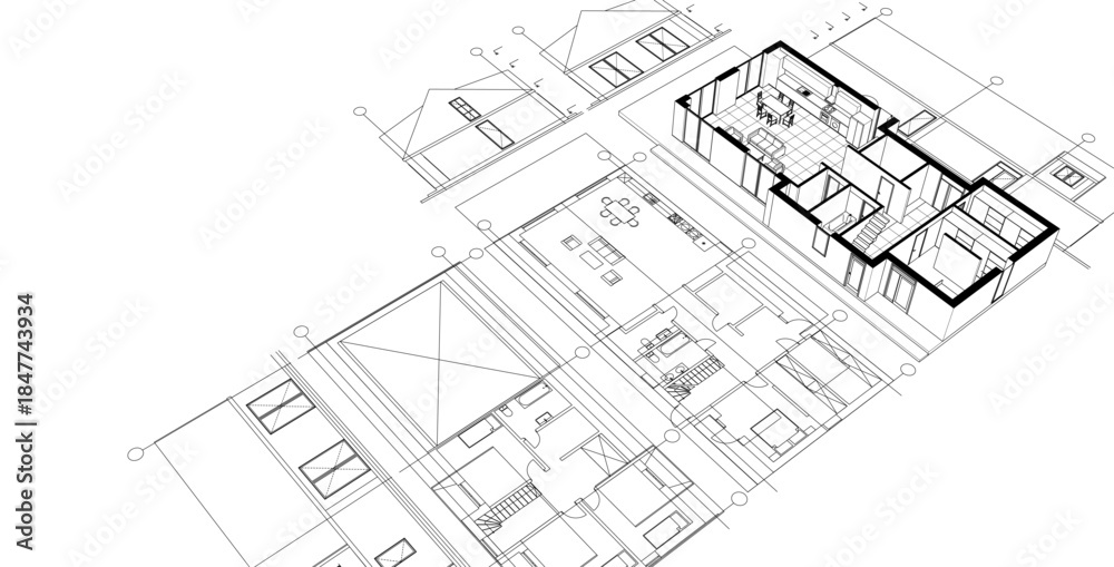 Fototapeta premium modern house plan sketch 3d illustration