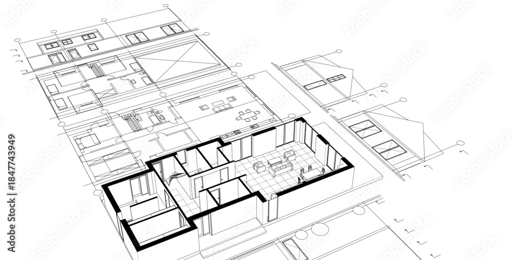 Fototapeta premium modern house plan sketch 3d illustration