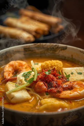 Macro photography of a rich, creamy curry noodle soup containing large fresh prawns, fried tofu puffs, and bean sprouts. A side of crispy vegetable spring rolls is visible in the blurred