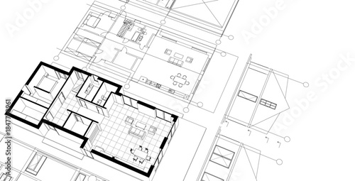 modern house plan sketch 3d illustration