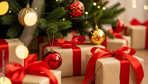 Christmas poster with festive presents wrapped in paper and red ribbons under a decorated tree, surrounded by red baubles and lights. Banner template for New Year and Christmas card with copyspace.