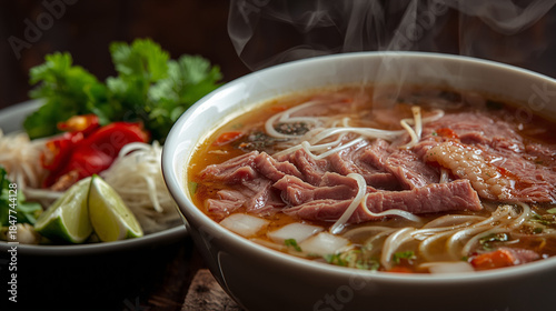Side view of a large bowl of beef rice noodle soup served with a platter of fresh herbs, bean sprouts, lime wedges, and chili peppers. Thin slices of raw beef are cooking in the hot