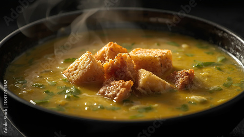 Macro view of thick, creamy broccoli and cheddar cheese soup in a dark bowl. Crunchy garlic croutons float on top. The green and yellow hues pop against the deep shadow background.
