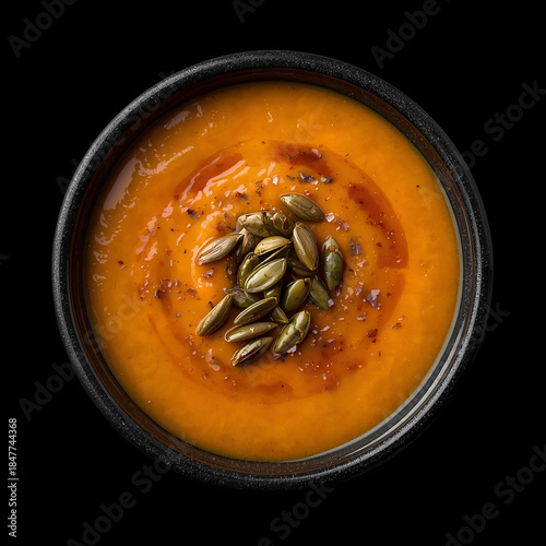 High angle shot of smooth, golden butternut squash soup presented in a dark stoneware bowl. It is topped with roasted pumpkin seeds and a drizzle of olive oil. The background is pitch