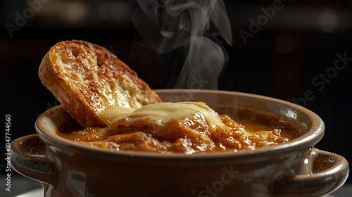Side view of a traditional ceramic crock filled with rich caramelized onion soup, topped with a slice of toasted baguette and melted cheese. The cheese is golden brown and bubbly. The