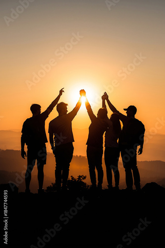 Silhouette of a diverse group of four male and female friends standing on a high ridge, holding hands and raising them together towards the setting sun. They are dressed in modest hiking