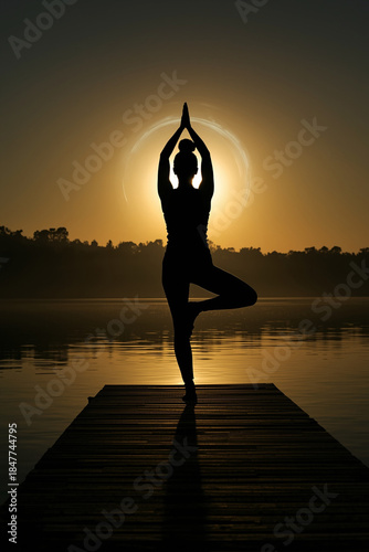 Silhouette of a female figure practicing a yoga pose (Tree Pose) on a wooden dock by a calm lake, facing the rising sun. She wears modest athletic clothing. Rays of light burst from