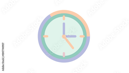 Minimalist Pastel Colored Clock Illustration Showing Time at 3:00 with Soft Shadows and Rounded
