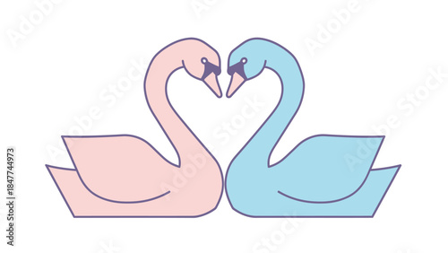 Minimalist pastel-colored illustration of two swans forming a heart shape with their necks