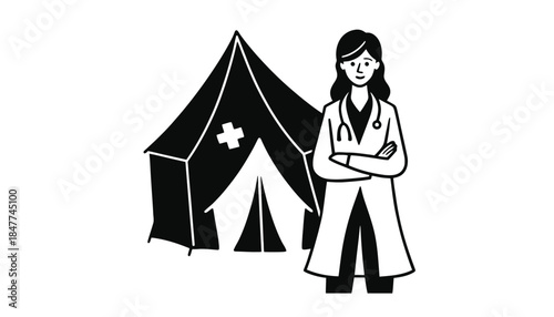 A doctor stands in front of a medical tent with a cross symbol.