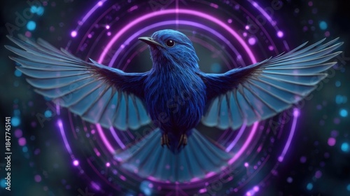 Neon bird flying into neon portal glowing with bright electric rings, dynamic digital wildlife art with glowing geometric portal effects