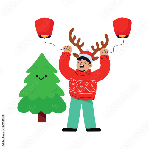 Cheerful man holding lanterns near a Christmas tree, flat illustration