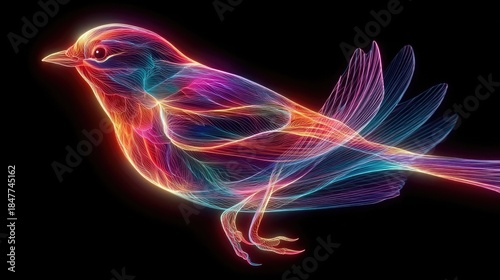 Neon bird flight path lines glowing with electric strokes, dynamic wildlife movement illustration, futuristic neon bird trajectory design on black background
