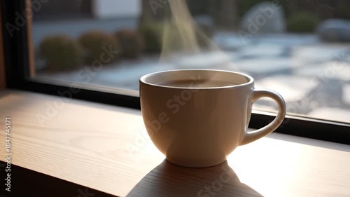 Cozy Coffee Break - Steaming Cup by the Window on a Sunny Day.