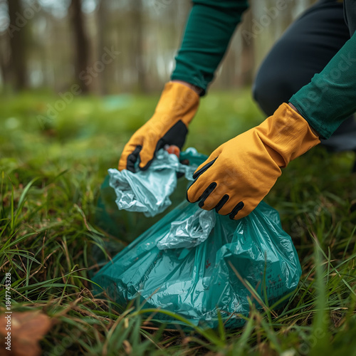 Close-up of a male volunteer's hands wearing protective gardening gloves, picking up plastic waste from a grassy forest floor and placing it into a recycling bag. He wears a green