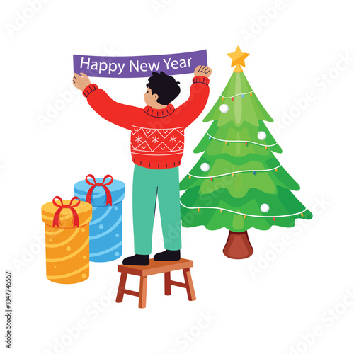 Flat illustration of man decorating house for new year holiday