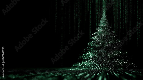 A Christmas tree made of binary code on a dark digital background. An abstract Christmas tree formed from binary code and streams of digital data on a dark background. Cyber Christmas, AI 