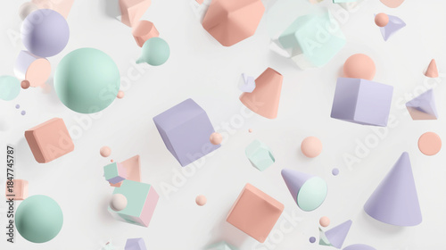 3D rendered abstract background consisting of floating geometric shapes like spheres, cubes, and cones. The objects are colored in soft pastel shades of mint green, coral, and lavender