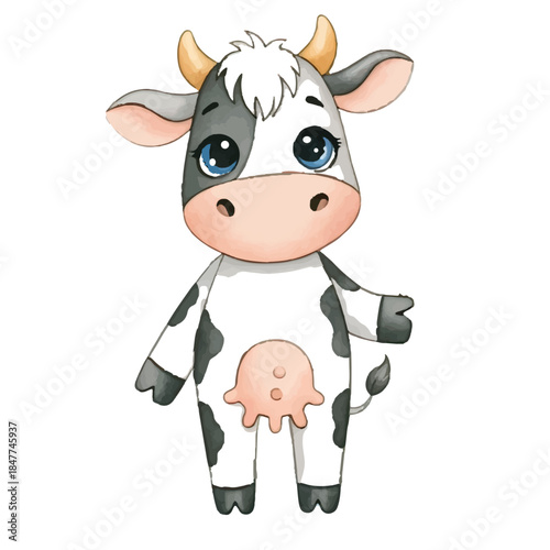 Funny cartoon cow on farm with cute black and white cattle and happy animals vector illustration