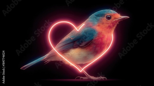 Neon bird in glowing neon heart glowing with bright electric outlines, romantic digital wildlife design with glowing heart-shaped neon frames