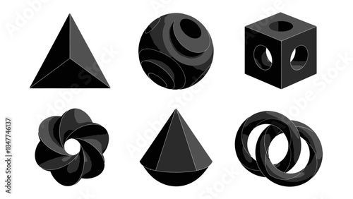 Collection of Abstract Geometric Shapes in Black and White Isometric View