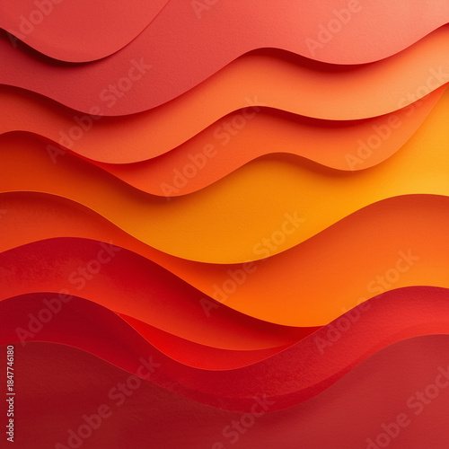 Abstract paper cut background featuring multiple layers of curved organic shapes resembling rolling hills. The color palette transitions from deep crimson red to bright orange and sunny