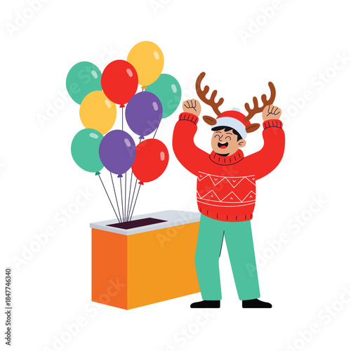 Cheerful man celebrating holidays with balloons popping out of a gift box.