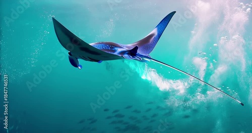 Elegant Manta Ray with Neon Spots Swimming in Bright Turquoise Ocean Environment. Deep Underwater Life Concept.