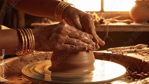 Crafting Beauty - A Potters Hands Shape Clay into Art on the Wheel.
