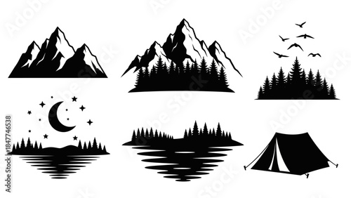 Collection of black silhouette nature and camping graphic elements for design projects
