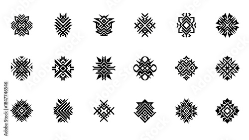 collection of black tribal symbols on white background minimal 50 characters, maximum 100