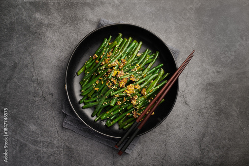 Valokuva Sesame Garlic Green Beans Served, Vibrant Green Beans Stirfried With Toasted Ses