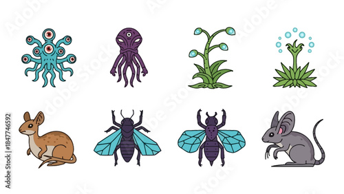 Collection of cartoonish alien creatures and unusual plants in flat design style