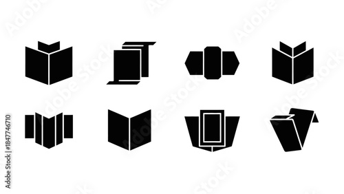 Collection of diverse abstract open book and document graphic icons in solid black silhouette