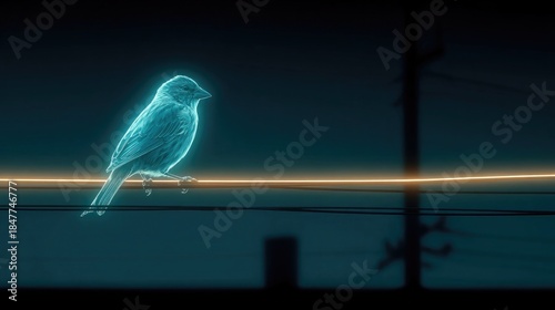 Neon bird perched on neon wire fence glowing with bright electric lines, digital wildlife urban scene with glowing bird silhouette on wire fence