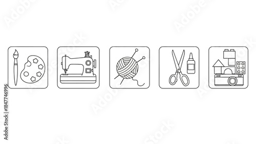 Collection of five simple outline icons representing various crafting and hobby activities